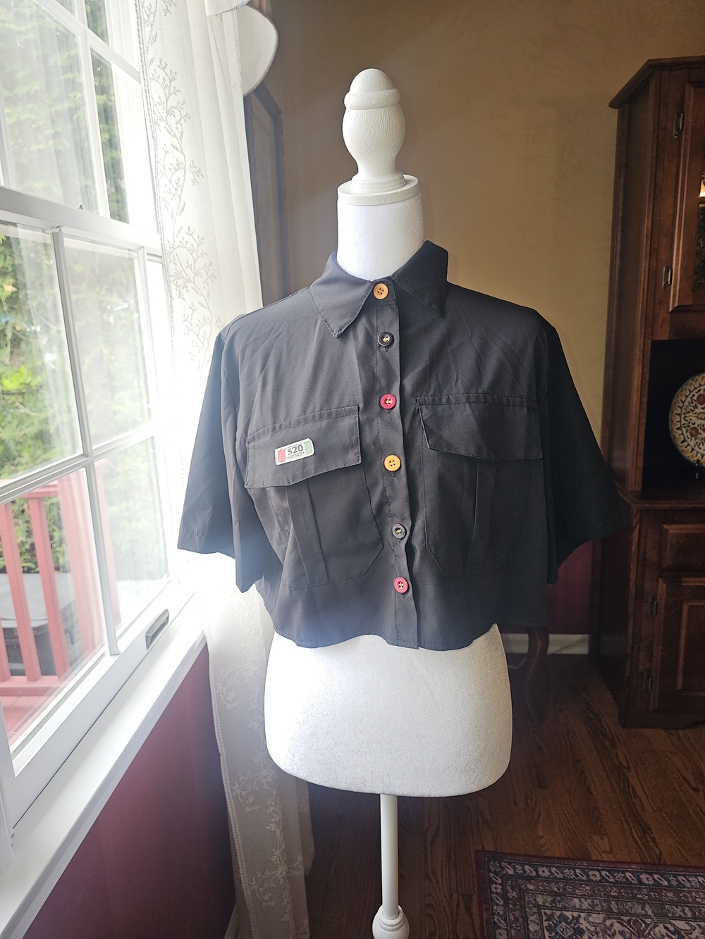 Women’s Black Cropped Button-Down Shirt with Colorful Buttons